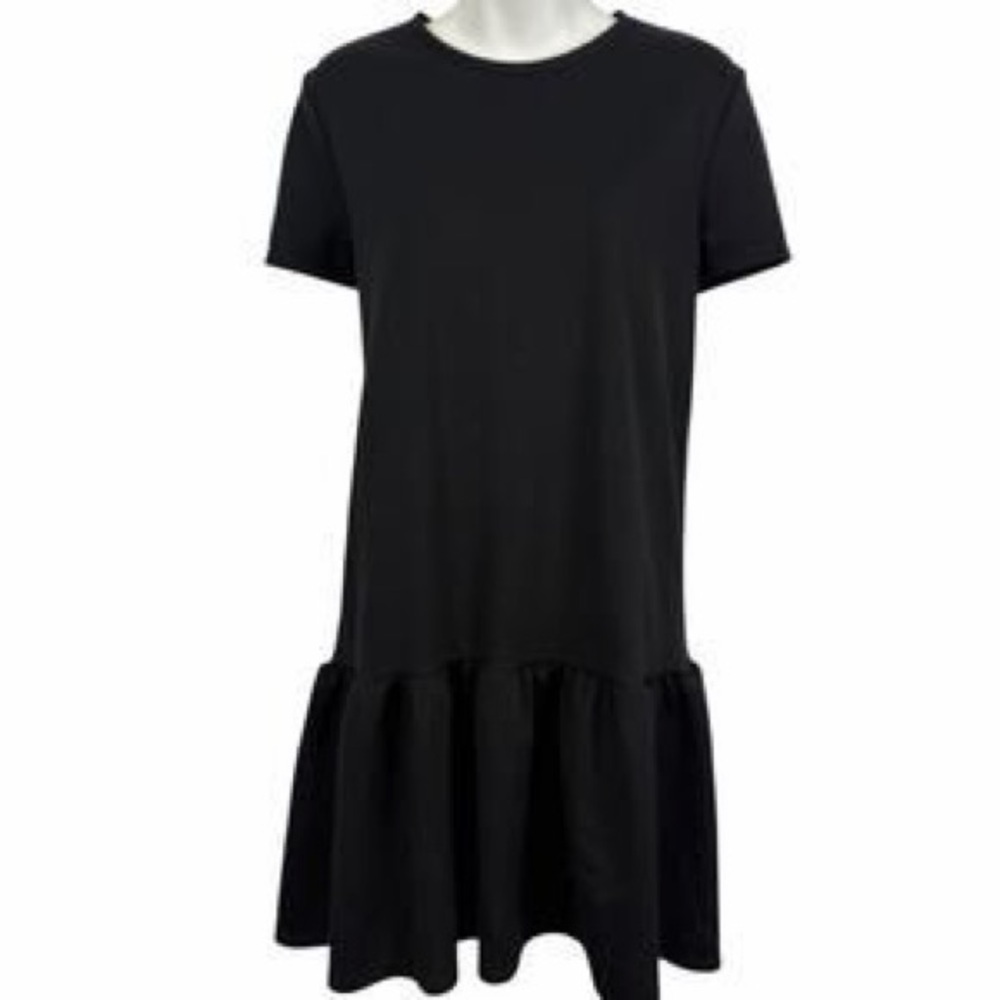 ZARA Black Ruffle Hem Mini Dress Size L Drop Waist Flowy Shift EUC